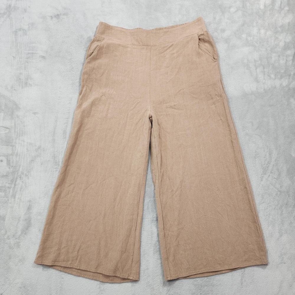 ANRABESS Pants Womens L Beige Linen Blend Crop Wide Leg Pull On Casual Lagenlook
